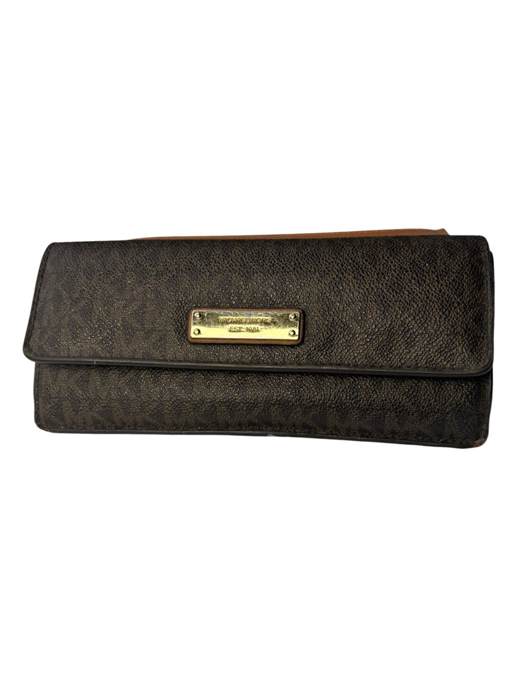 Michael Kors Rectangular Flap Wallet Dark Brown Signature Logo Gold Plaque